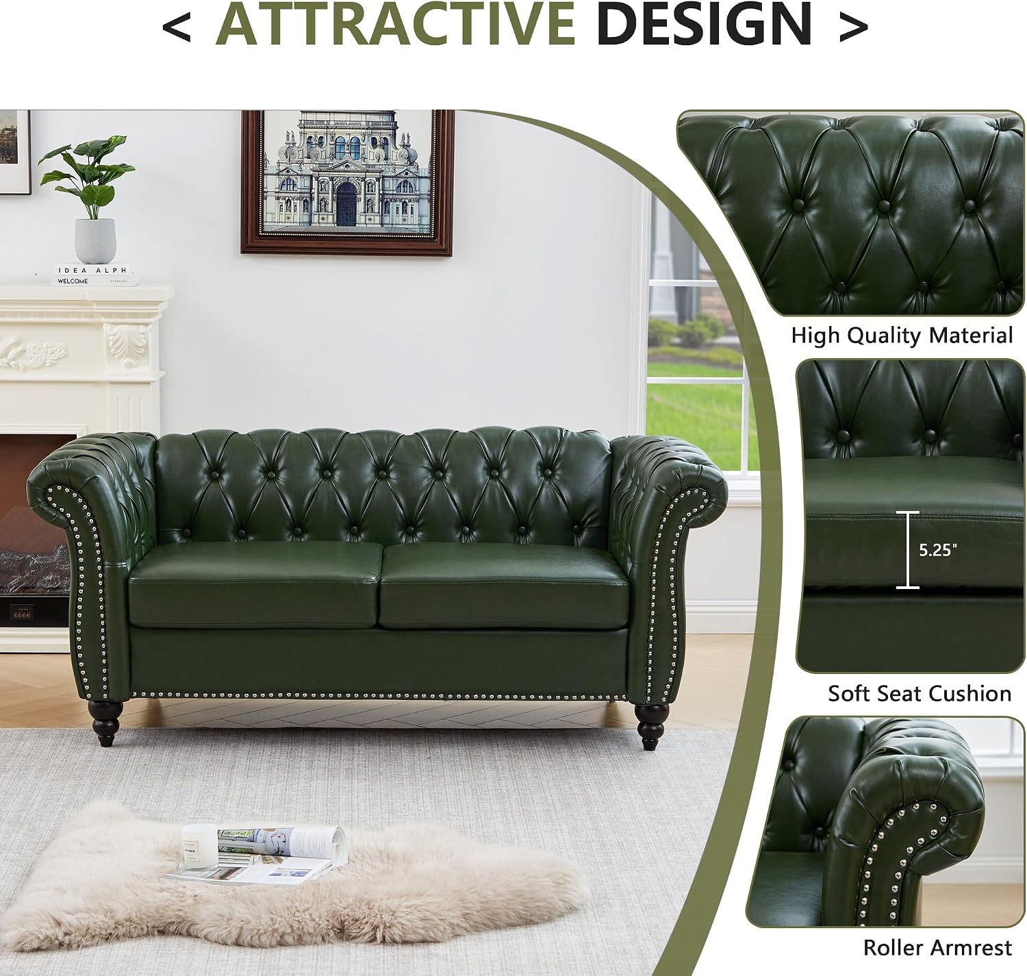 QHITTY Accent Sofa, Chesterfield Loveseat Modern Leather Couch Upholstered Sofa with Tufted Back for Living Room Furniture (Green)