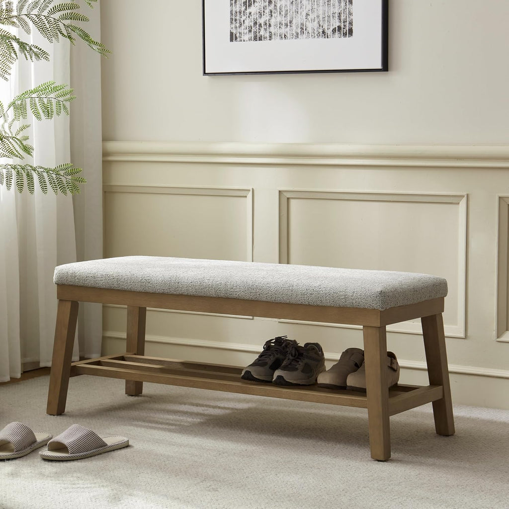VKNOW Entryway Bench, 44.4" Upholstered Shoe Storage Bench for Entryway & Bedroom, Shoe Bench with Rubberwood Legs, Modern End of Bed Storage Bench for Living Room and Hallway, Beige