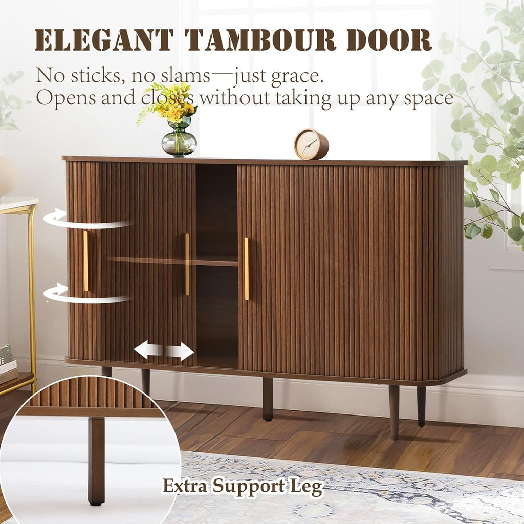 47" Fluted Buffet Cabinet with Tambour Sliding Doors, Modern Sideboard Buffer Cabinets with Storage & Adjustable Shelves, Mid Century Credenza Accent Cabinet for Living Room Entryway (Brown)