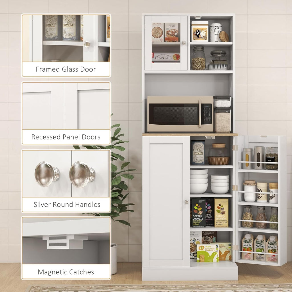 66.5" Pantry Cabinet with Microwave Stand,Freestanding Kitchen Storage Cabinet with Hutch,8 Door Shelves,Adjustable Shelves,for Dining Room,White
