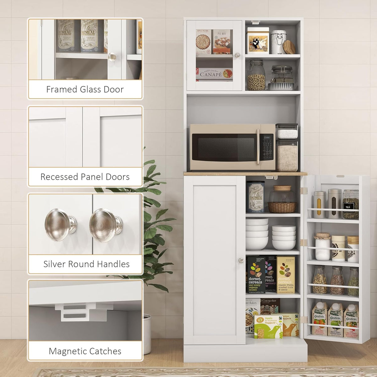 66.5" Pantry Cabinet with Microwave Stand,Freestanding Kitchen Storage Cabinet with Hutch,8 Door Shelves,Adjustable Shelves,for Dining Room,White