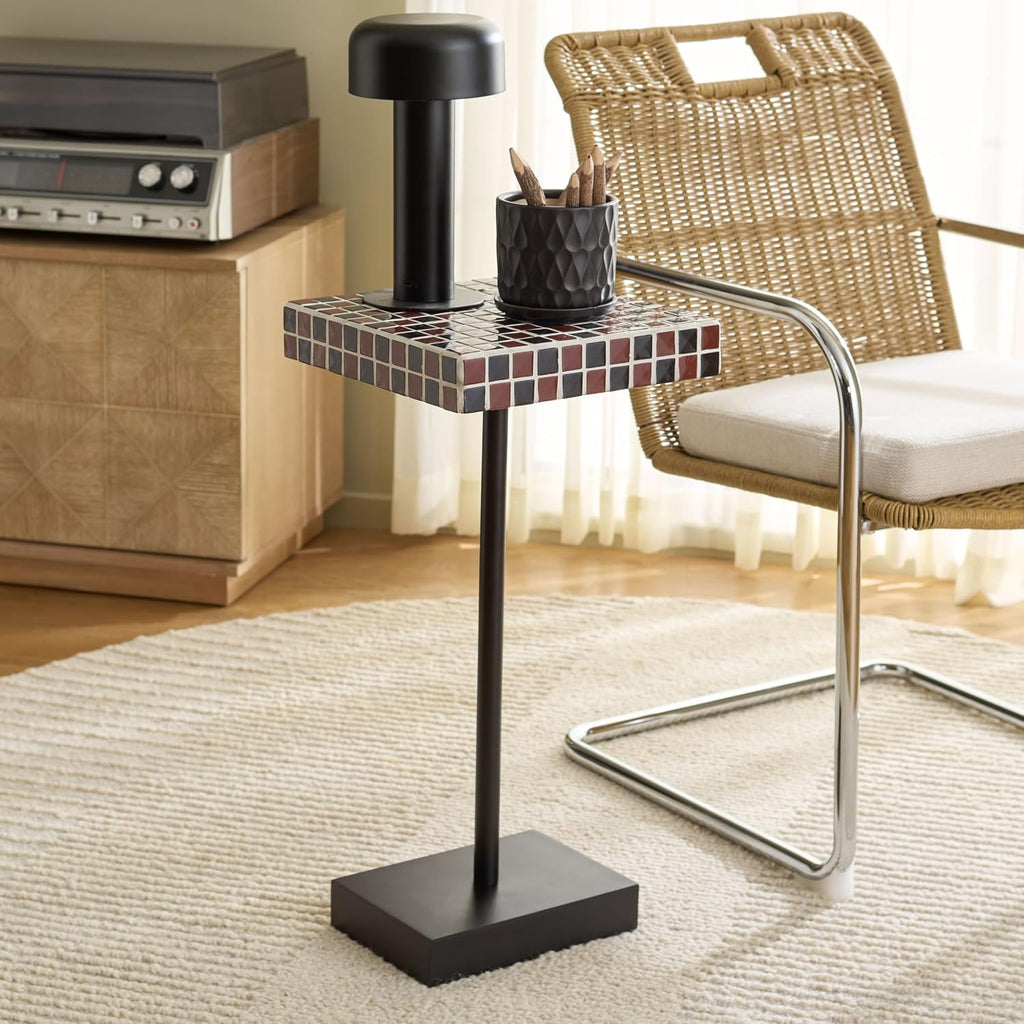 SAFAVIEH Home Collection - Satomi Accent Table with Bordeaux Mosaic Tile Inlay & Black Iron Base, Modern Side Table, Fully Assembled (ACC3230C)