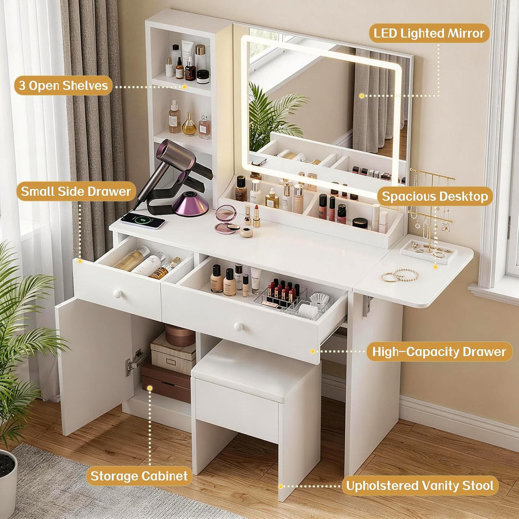 FUXA Vanity Desk with Lighted Mirror, Charging Station and Chair, White | Storage Drawers, Cabinet, Shelves, 3 Light Modes, Foldable Top, Easy-Clean, for Bedroom