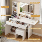 FUXA Vanity Desk with Lighted Mirror, Charging Station and Chair, White | Storage Drawers, Cabinet, Shelves, 3 Light Modes, Foldable Top, Easy-Clean, for Bedroom