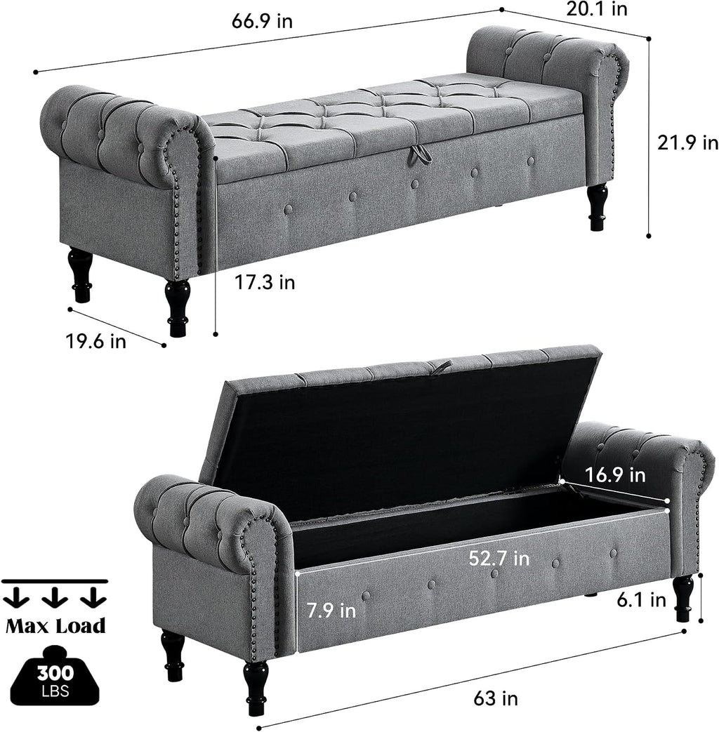 Storage Bench 67" Linen End of Bed Benches Grey | King Size Storage Bench for Bedroom with Rolled Arms Tufted Ottoman Benches Upholstered Bench for Living Room Entryway