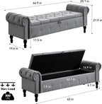 Storage Bench 67" Linen End of Bed Benches Grey | King Size Storage Bench for Bedroom with Rolled Arms Tufted Ottoman Benches Upholstered Bench for Living Room Entryway