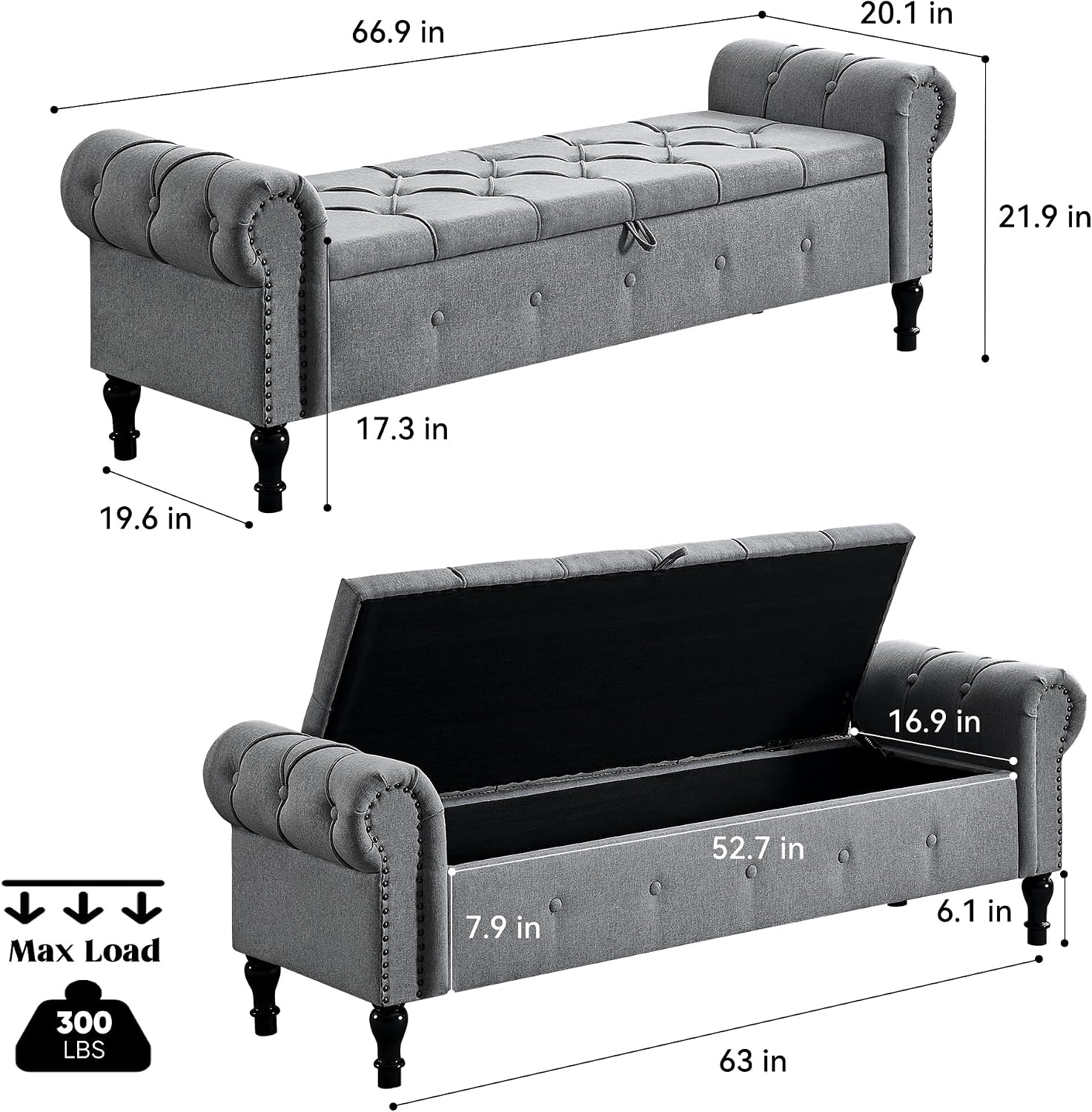 Storage Bench 67" Linen End of Bed Benches Grey | King Size Storage Bench for Bedroom with Rolled Arms Tufted Ottoman Benches Upholstered Bench for Living Room Entryway