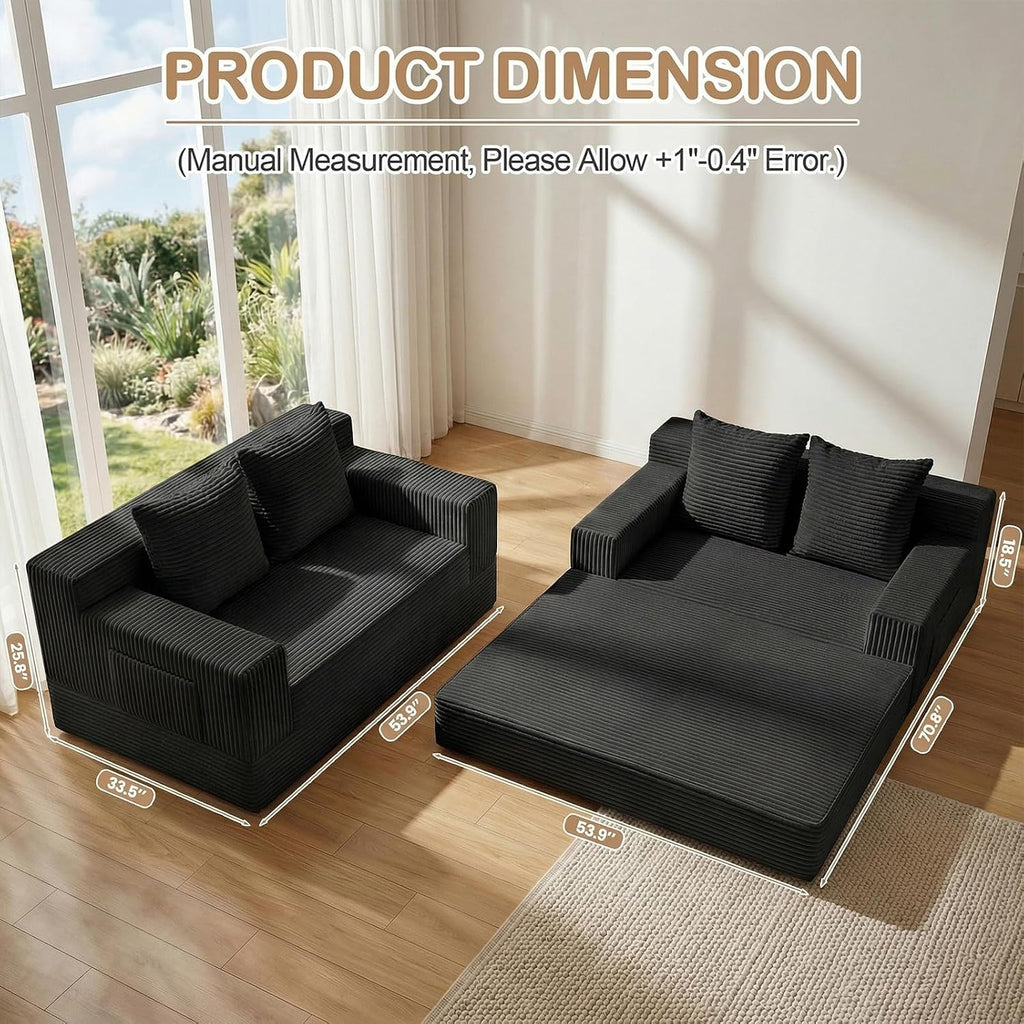 Loveseat Small Couch Bed, Futon Sleeper Sofa Bed,Convertible Pull Out Couch with 2 Pillows,Corduroy Folding Floor Couch for Living Room,No Assembly Required,Black