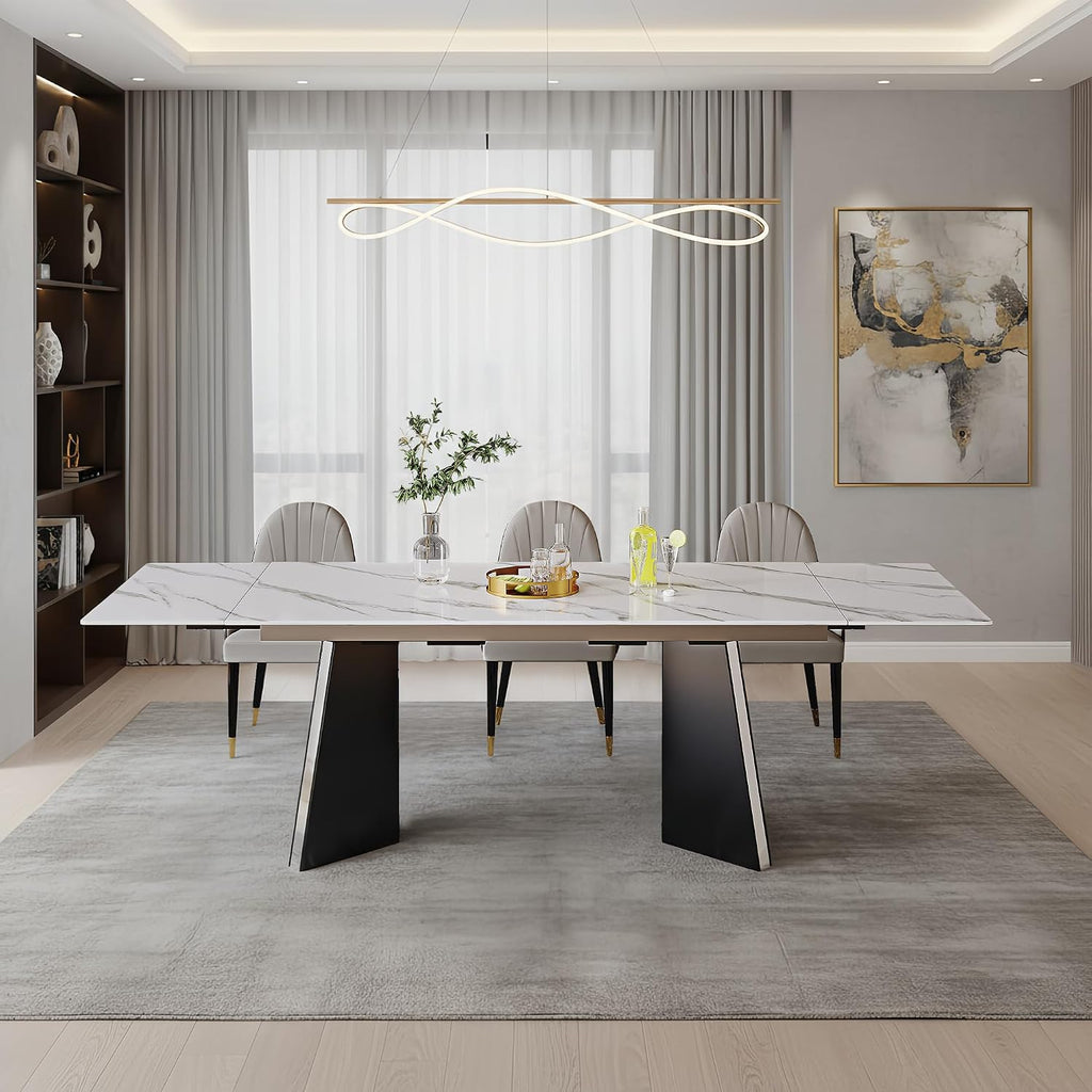 Expandable Dining Table 62.99 to 94.48 Inch Sintered Stone Marble Table Black Carbon Steel Base Diagonal Leg Design for Home Kitchen (Snowflake White)