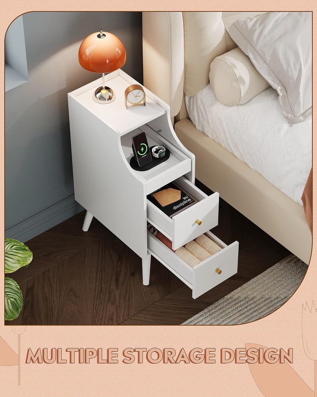 WLIVE Small Nightstand with Drawers, Narrow Bedside Tables with Open Shelf & Cable Hole, Narrow Nightstand for Bedroom, Modern Storage Cabinet for Small Spaces/Living Room, White