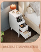 WLIVE Small Nightstand with Drawers, Narrow Bedside Tables with Open Shelf & Cable Hole, Narrow Nightstand for Bedroom, Modern Storage Cabinet for Small Spaces/Living Room, White