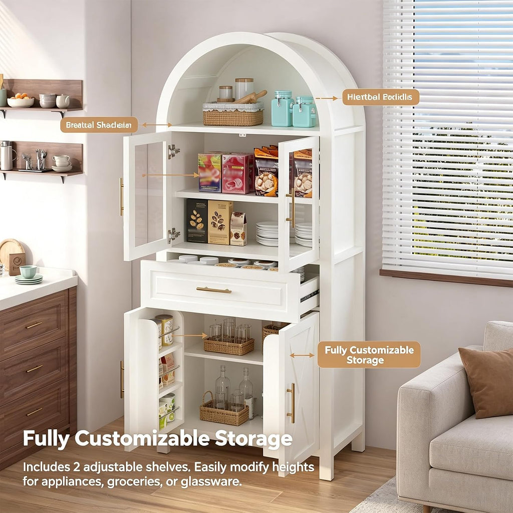 71" Tall Arched Kitchen Pantry Cabinet with Glass Doors - Farmhouse Storage Cabinet with Adjustable Shelves & Barn Door Design - Freestanding Cupboard for Kitchen, Dining & Living Room (White)