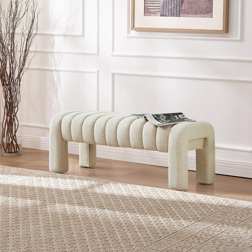 43.3" Bedroom Bench, Upholstered Entryway Bench, Modern End of Bed Ottoman with Solid Wood Legs and Adjustable Foot Pegs for Entryway, Dining Room and Living Room (Beige Linen)