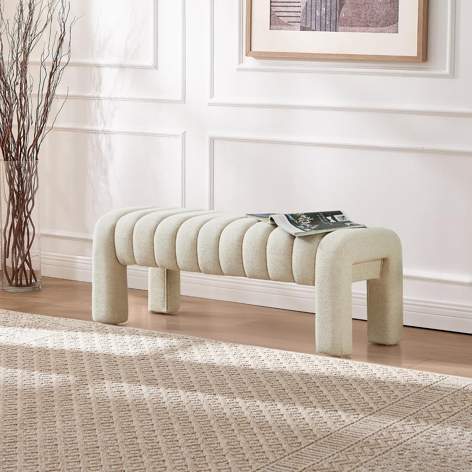 43.3" Bedroom Bench, Upholstered Entryway Bench, Modern End of Bed Ottoman with Solid Wood Legs and Adjustable Foot Pegs for Entryway, Dining Room and Living Room (Beige Linen)