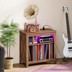 CHOEZON Record Player Stand with Charging Station and Light Strip, Vinyl Record Storage Holder, holds up to 200 Albums, Turntable Stand Display Shelf, for Living Room, Bedroom, Walnut MBZ09UDHT