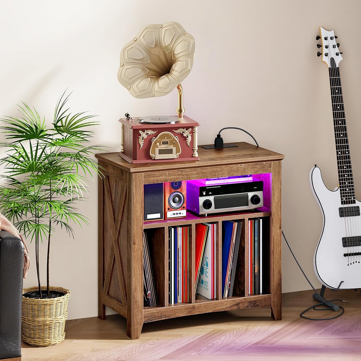 CHOEZON Record Player Stand with Charging Station and Light Strip, Vinyl Record Storage Holder, holds up to 200 Albums, Turntable Stand Display Shelf, for Living Room, Bedroom, Walnut MBZ09UDHT