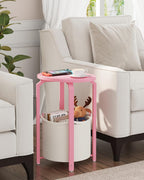 TUTOTAK Oval End Table with Woven Storage Basket, Pink Small Side Table for Living Room, Bedroom, TB01BP093