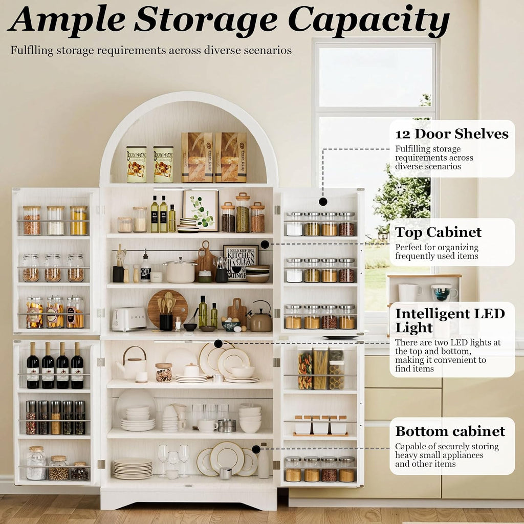 70" Tall Arched Pantry Cabinet, Kitchen Cupboard with Barn Doors, Adjustable Shelves & 3-Color Human Sensor LED Lights for Kitchen/Living Room, White