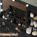 Black Vanity Desk with Mirror and Lights, 34" LED Small Vanity Table with Power Outlet & Large Storage Drawers, 3 Color Adjustable Lights, Dressing Table for Bedroom & Apartment