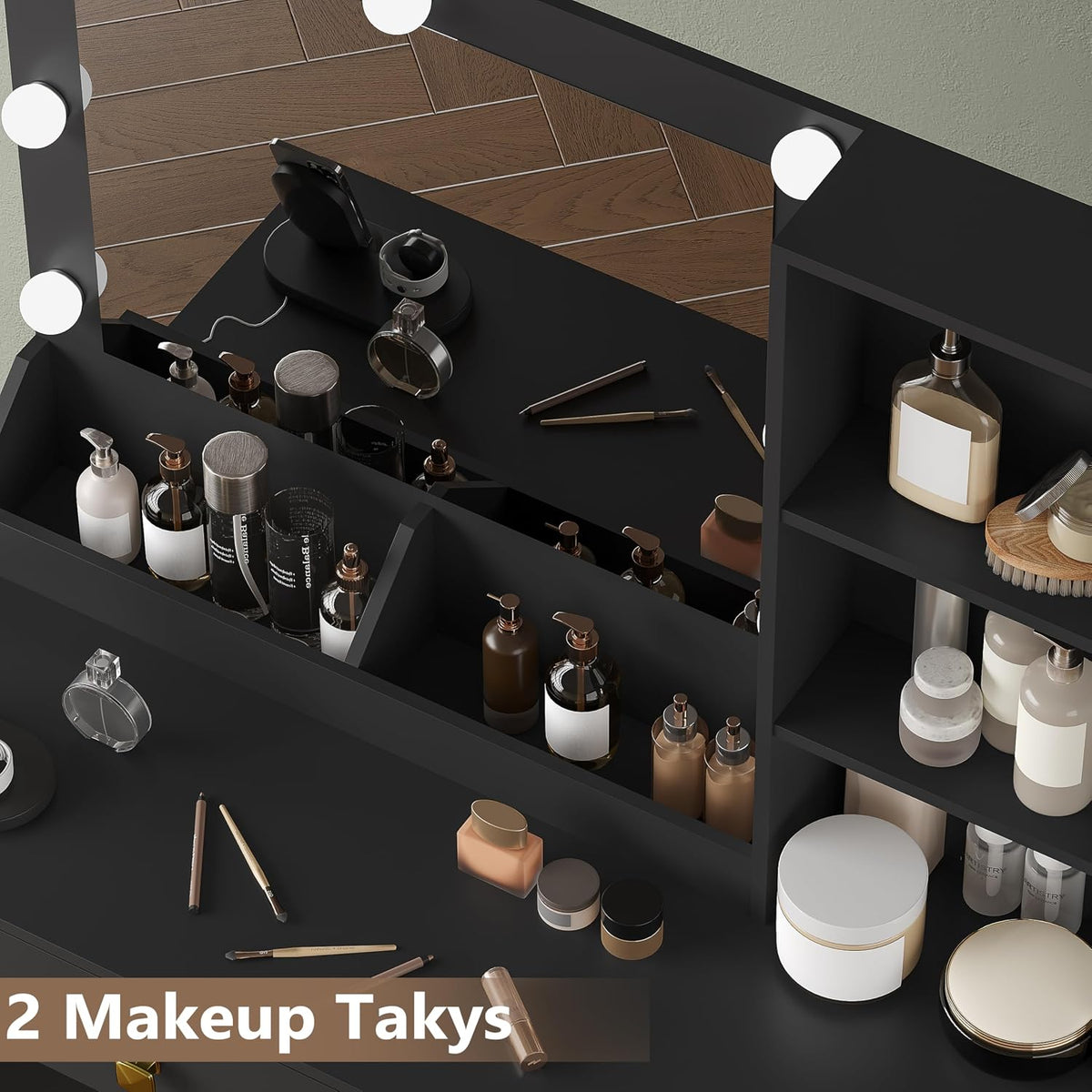 Black Vanity Desk with Mirror and Lights, 34" LED Small Vanity Table with Power Outlet & Large Storage Drawers, 3 Color Adjustable Lights, Dressing Table for Bedroom & Apartment