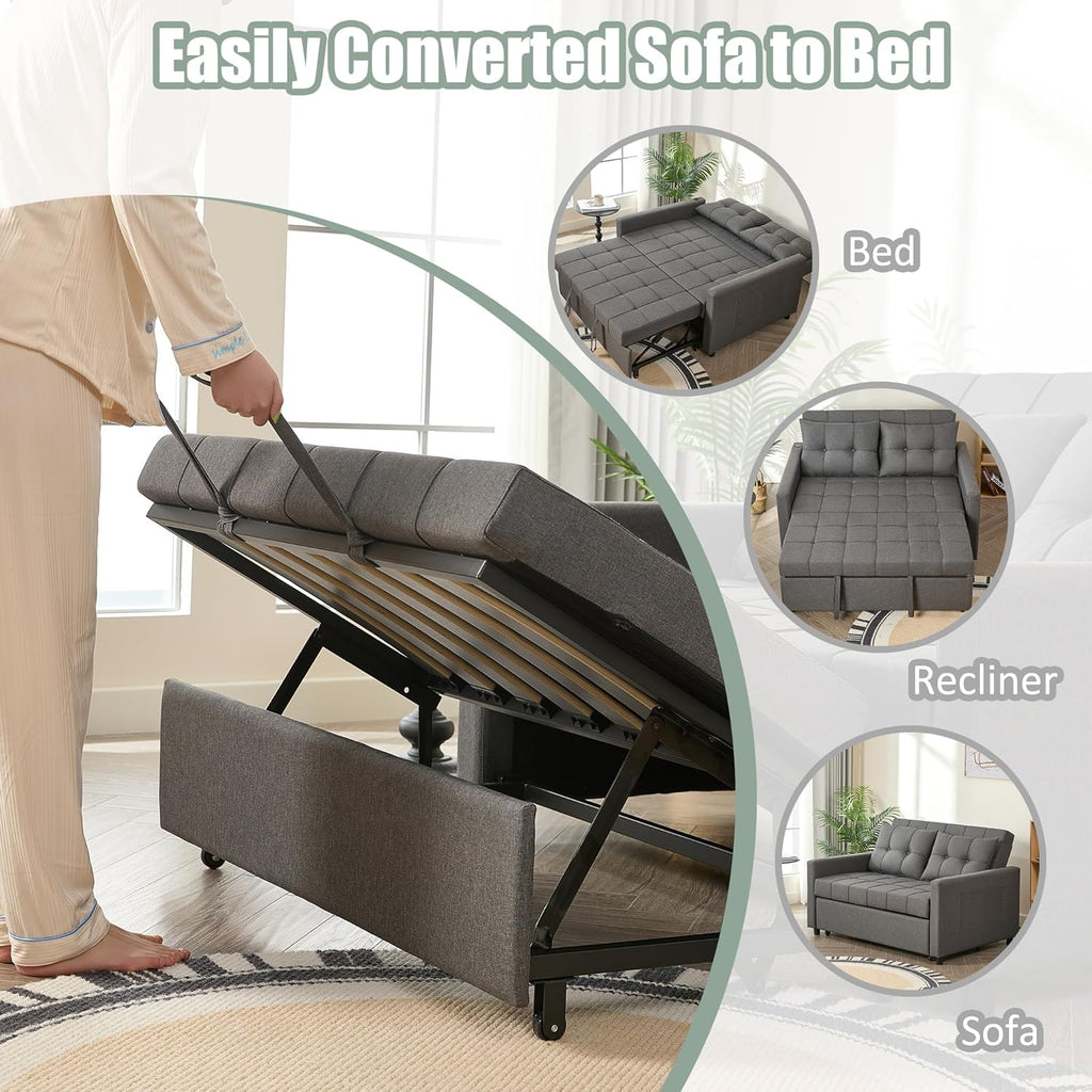 GOSUHI 52" 3-in-1 Convertible Sleeper Sofa Bed, Linen, Dark Gray | Pull-Out Bed, Stepless Adjustable Backrest, Side Pocket, Compact Loveseat, Living Room, Dorm & Apartment