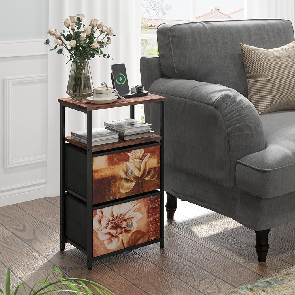 ALBAD Nightstand with Charging Station and LED Lights, Brown Flower Drawers | End Table with USB Ports and Outlets, 2 Fabric Drawers and Open Top Shelf, for Bedroom Bedside, Living Room, Dorm