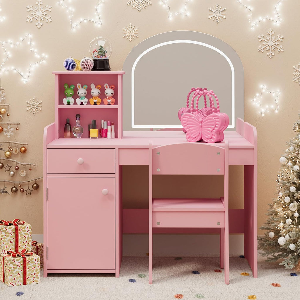 Gizoon Kids Vanity Desk with Mirror and Lights, Pink | Kids Makeup Vanity with 2 Tier Open Shelves Drawer and Cabinet, Todder Vanity Table and Chair Set for Little Girl