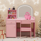 Gizoon Kids Vanity Desk with Mirror and Lights, Pink | Kids Makeup Vanity with 2 Tier Open Shelves Drawer and Cabinet, Todder Vanity Table and Chair Set for Little Girl