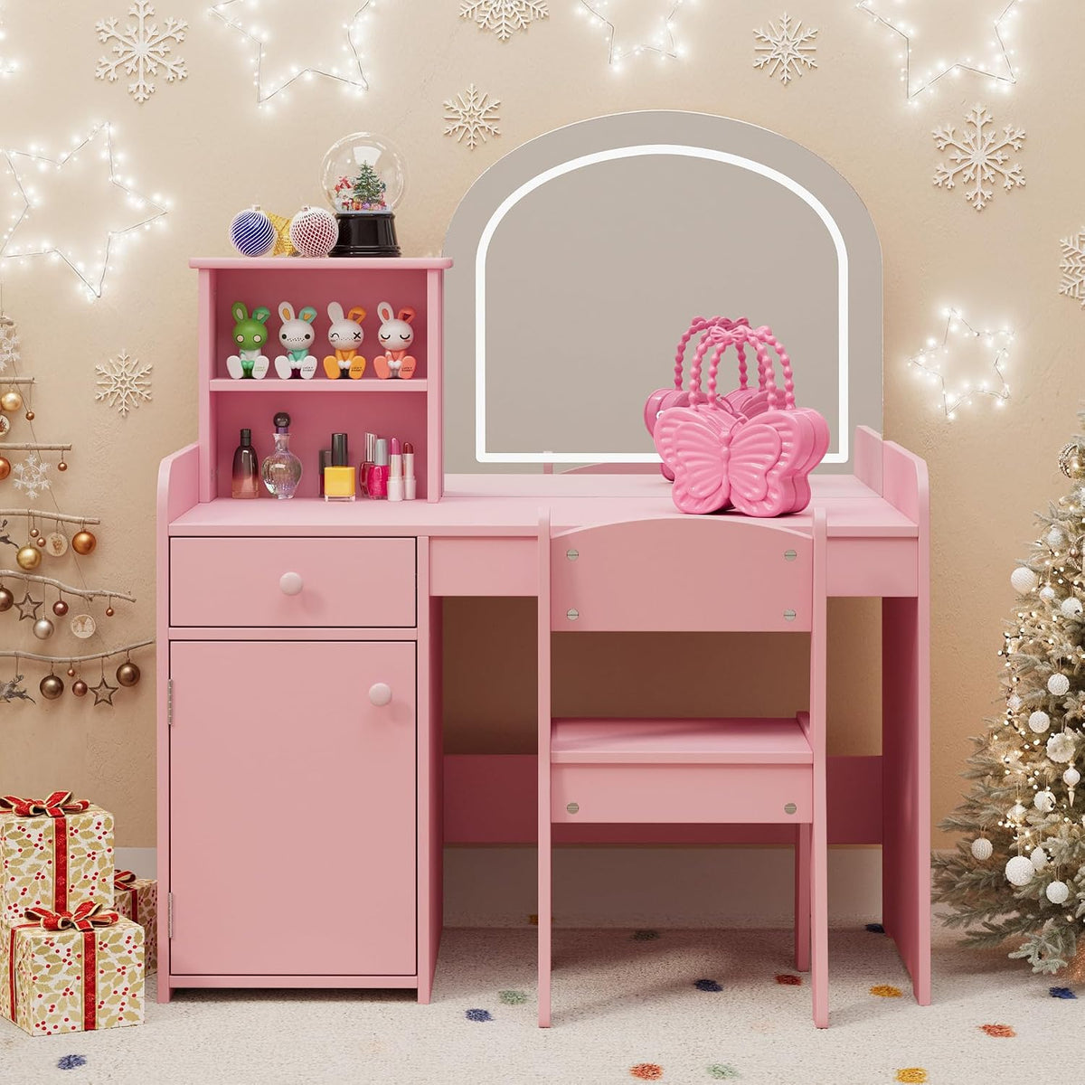 Gizoon Kids Vanity Desk with Mirror and Lights, Pink | Kids Makeup Vanity with 2 Tier Open Shelves Drawer and Cabinet, Todder Vanity Table and Chair Set for Little Girl