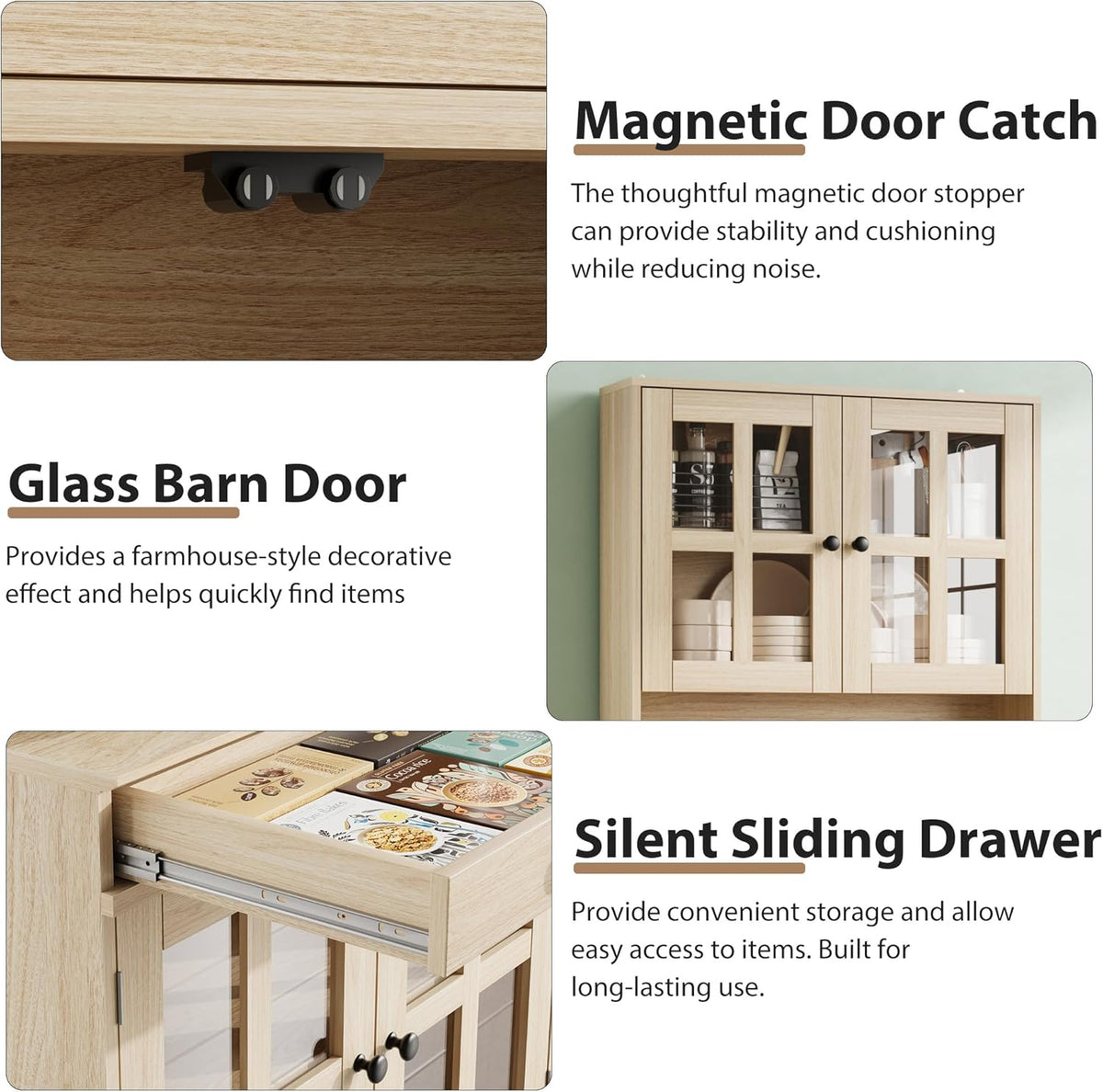 IDEAHOUSE 72 Inch Kitchen Pantry Cabinet with Glass Doors, Drawer and Adjustable Shelves, Farmhouse Tall Storage Cabinet with Open Countertop, Wood