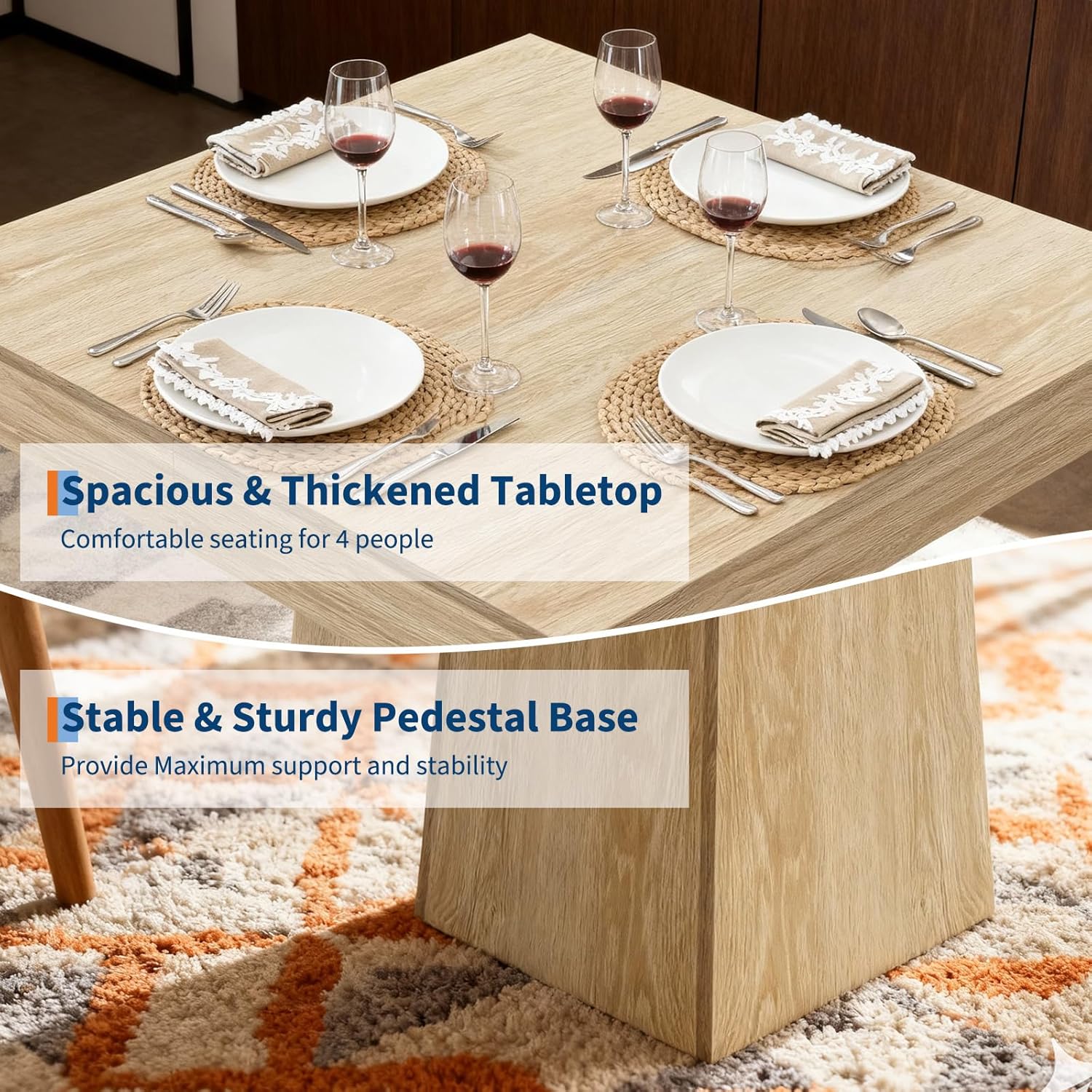 Space-Saving Square Dining Table for 4 – Modern Farmhouse Style with Wooden Pedestal Base – 31.5" Compact Table Ideal for Dining Room, Living Room, Apartment – Natural Wood Color YS042 Matte Surface