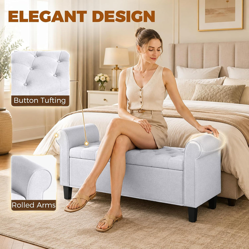 HOMCOM 47" Storage Ottoman Bench, Tufted Long Ottoman with Storage Chest, Rolled Arms, Safety Hinge, Wooden Legs, Upholstered End of Bed Bench, 528 lbs for Bedroom, Entryway, Living Room, Light Gray