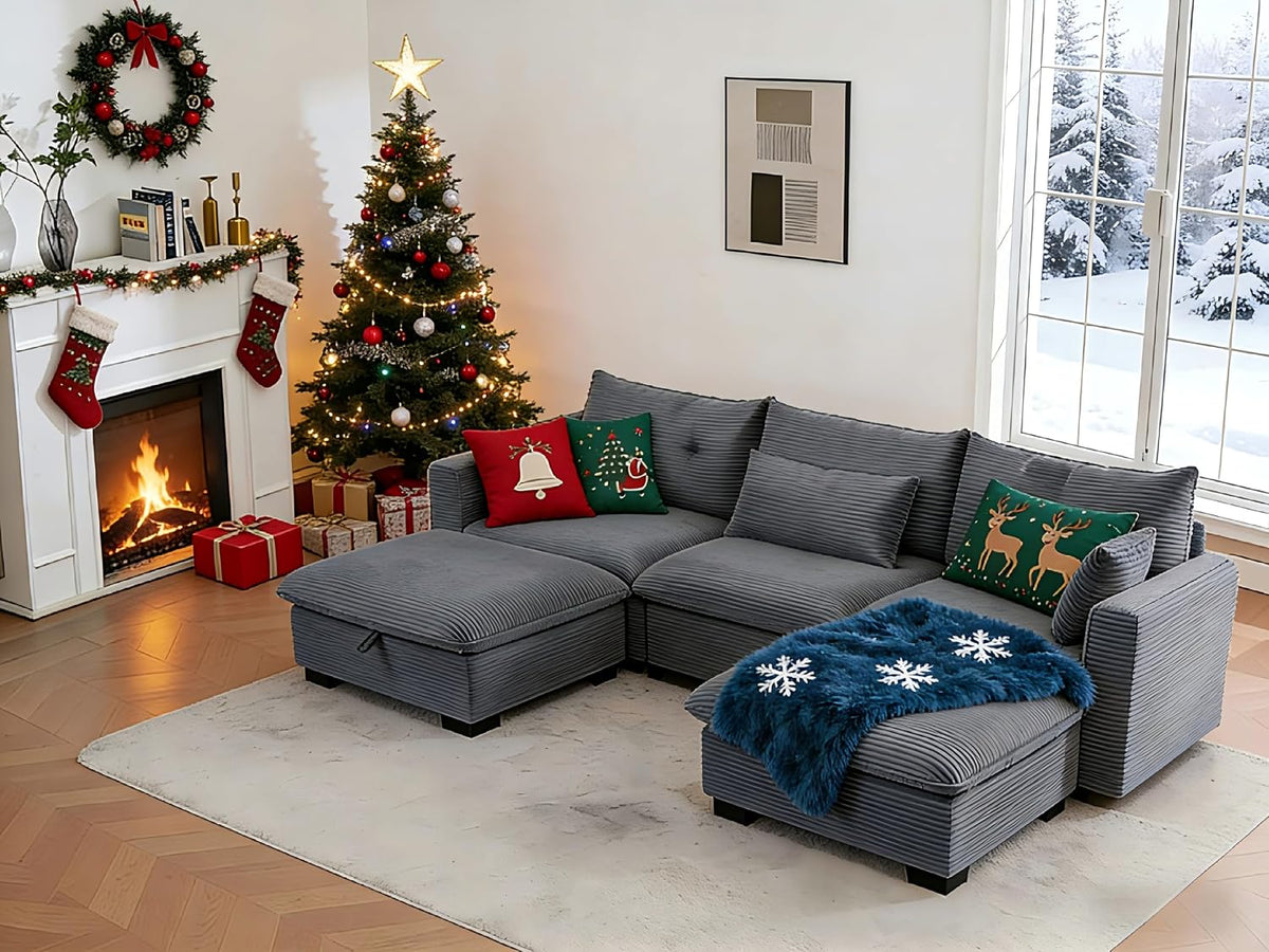 asunflower Modular Sectional Sofa for Living Room, 122.5" 3-Seat U-Shaped Cloud Couch with 2 Storage Ottomans, Easy Assembly Corduroy Couch with Deep Seat for Bedroom, Apartment, Dark Grey