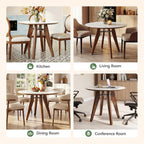 31.5" Round Dining Table, Modern Sintered Stone Kitchen Table with Solid Wood Legs for Dining Room, Living Room, Small Space, Glossy White & Brown