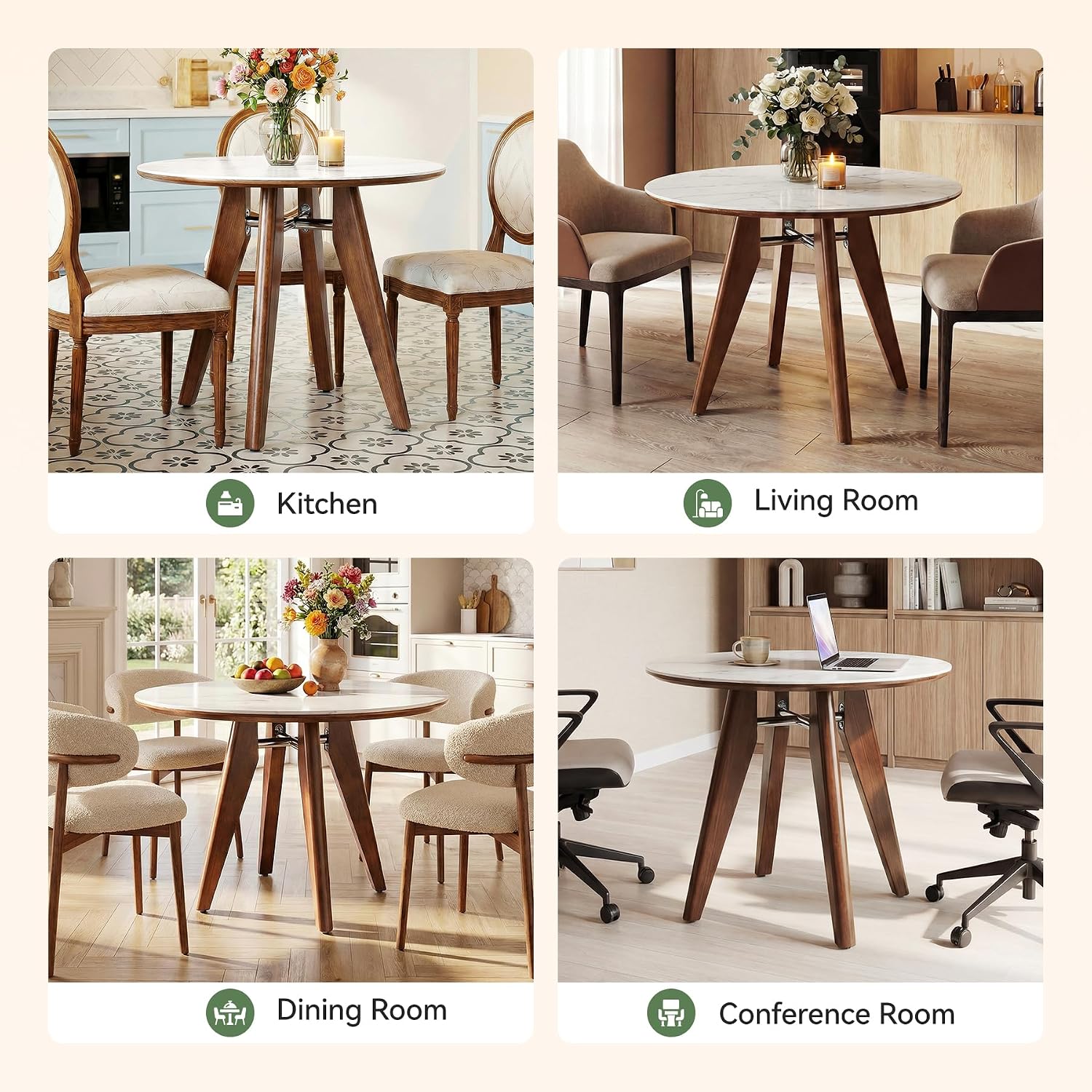 31.5" Round Dining Table, Modern Sintered Stone Kitchen Table with Solid Wood Legs for Dining Room, Living Room, Small Space, Glossy White & Brown