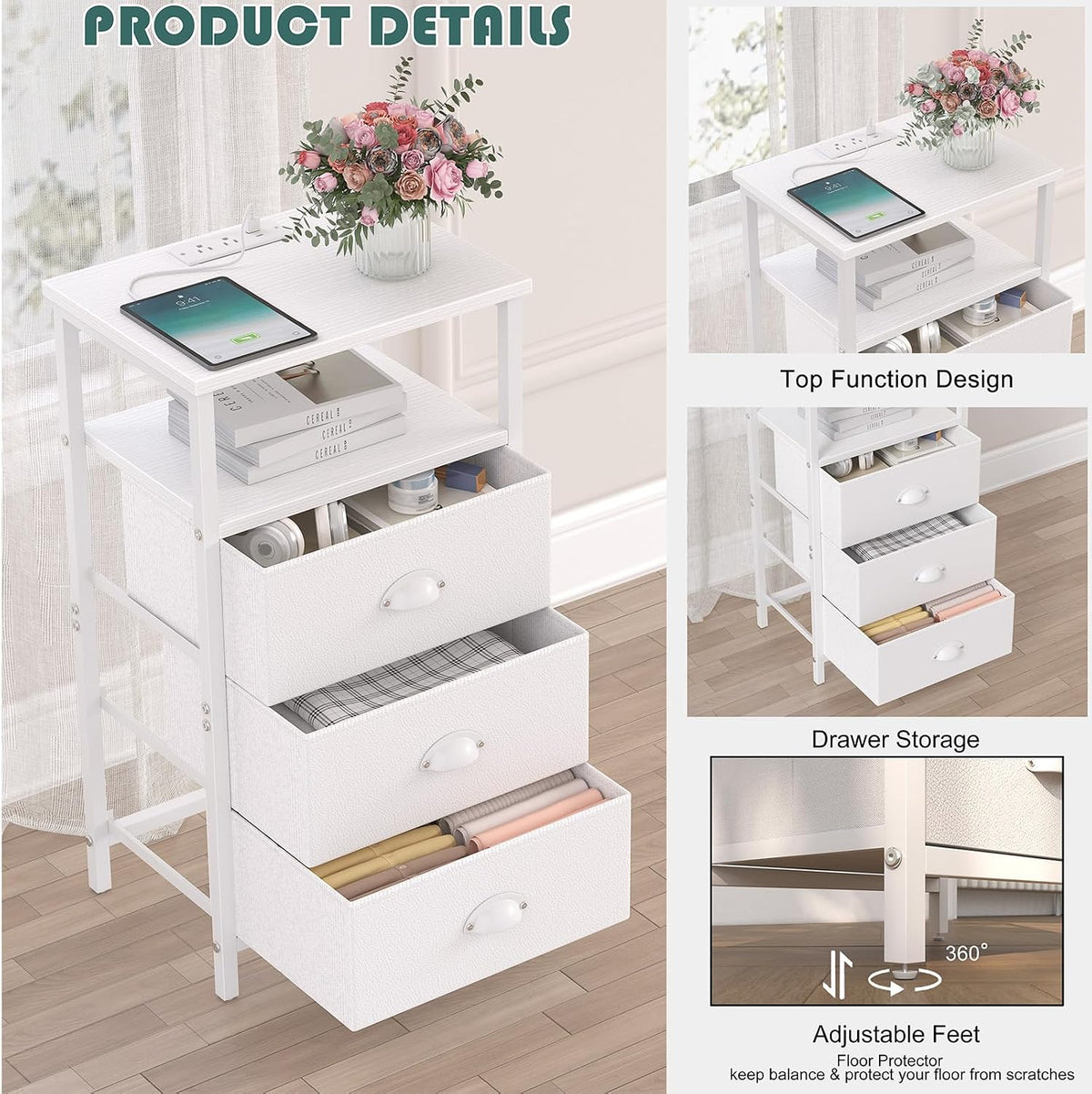 sthmec Nightstand with Charging Station,LED White Nightstand with 3 Fabric Drawers PU Finish, Bedside End Tables, 2-Tier Open Storage Shelf Side Table Nightstand with Drawers for Bedroom,White
