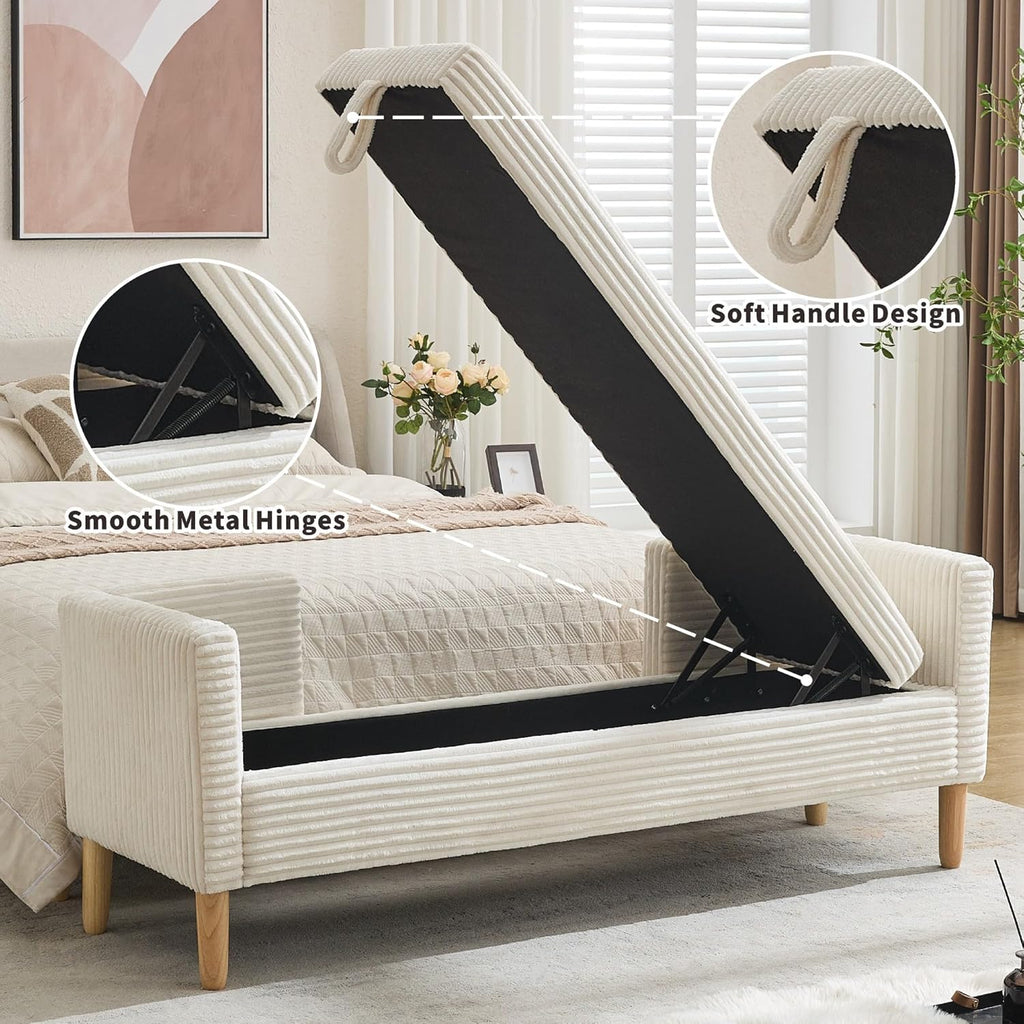 Chifee & Vingol 65.35" W Ottoman with Storage Bench for Bedroom End of Bed with Removable Pillows Upholstered Storage Ottoman Bench for Bedroom Living Room Hallway,Ivory