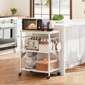 Homleke 3-Tier Rolling Kitchen Microwave Cart, Utility Cart | with Lockable Wheels Coffee Bar Table Station with 6 Hooks, Small Appliance Storage Shelf, White and Natural