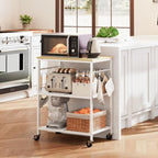 Homleke 3-Tier Rolling Kitchen Microwave Cart, Utility Cart | with Lockable Wheels Coffee Bar Table Station with 6 Hooks, Small Appliance Storage Shelf, White and Natural