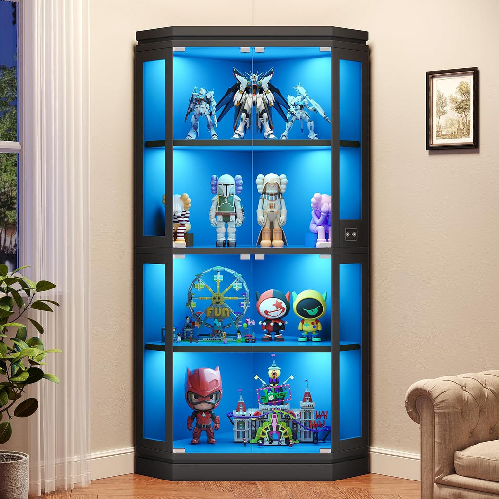 Jocoevol Corner Display Cabinet with Glass Doors, 4-Tier Display Cases for Collectibles with RGB Lights, 67'' Tall Corner Curio Cabinet with Human Body Sensor for Living/Game Room, Black