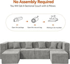 MONVANE Modular Sectional Cloud Couch for Living Room - 130'' 6 Seater Convertible Chenille Couches Set with Ottoman, No Assembly Compression Sofas, Comfy Floor Sofa with Memory Foam, Light Grey