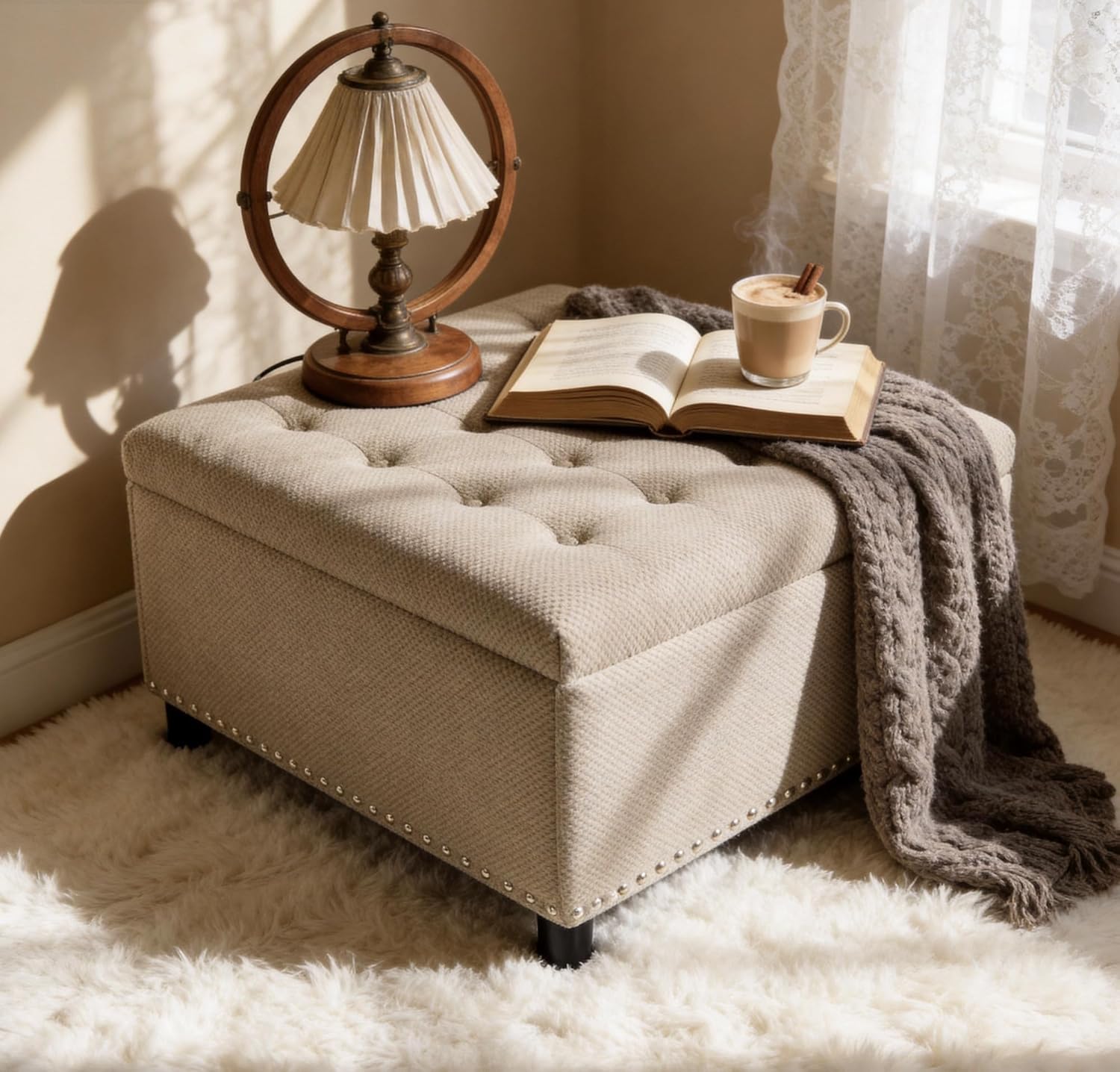 Oversized Square Ottoman with Storage for Living Room, Upholstered Fabric Tufted Footstool with Storage, Mid Century Modern Ottoman Foot Rest for Chair, Camel