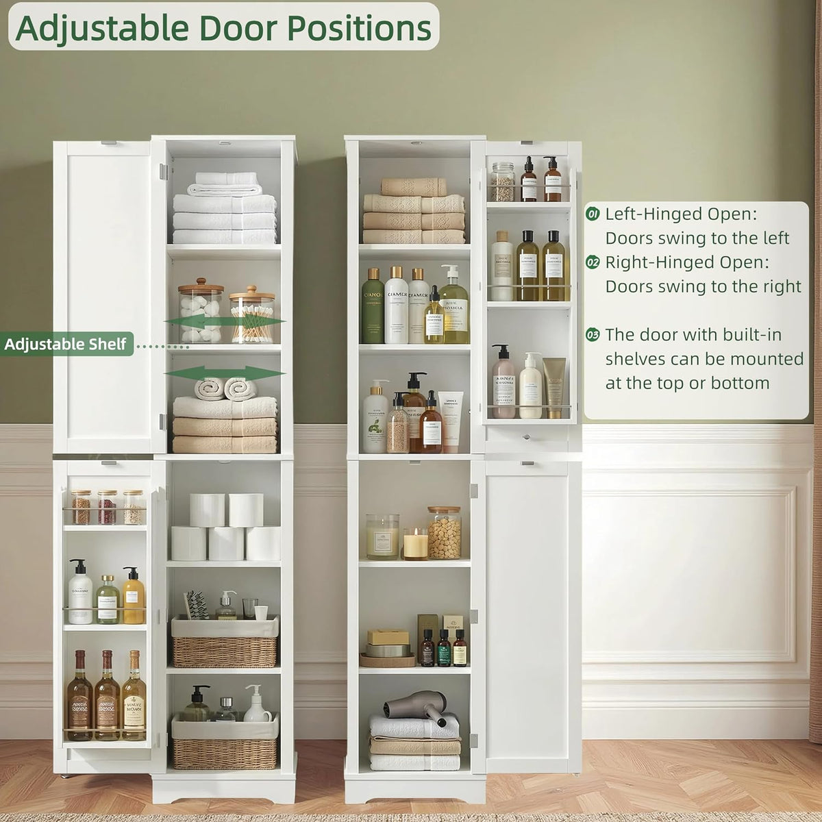 HIFIT 2 Set 71" Tall Narrow Storage Cabinet with 2 Reversible Doors, Small Kitchen Pantry Cabinet with Adjustable Shelves & Spice Rack, Slim Storage Cabinets for Bathroom, Living Room, Entryway, White