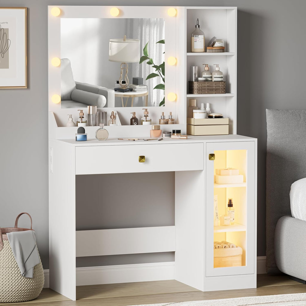BORNOON Small Vanity Desk with Mirror and Lights, Makeup Vanity Desk with Adjustable Brightness 3 Light Modes, RGB Storage Cabinet, Power Outlet, Drawer, Shelves, Vanity Table for Women Girls Bedroom