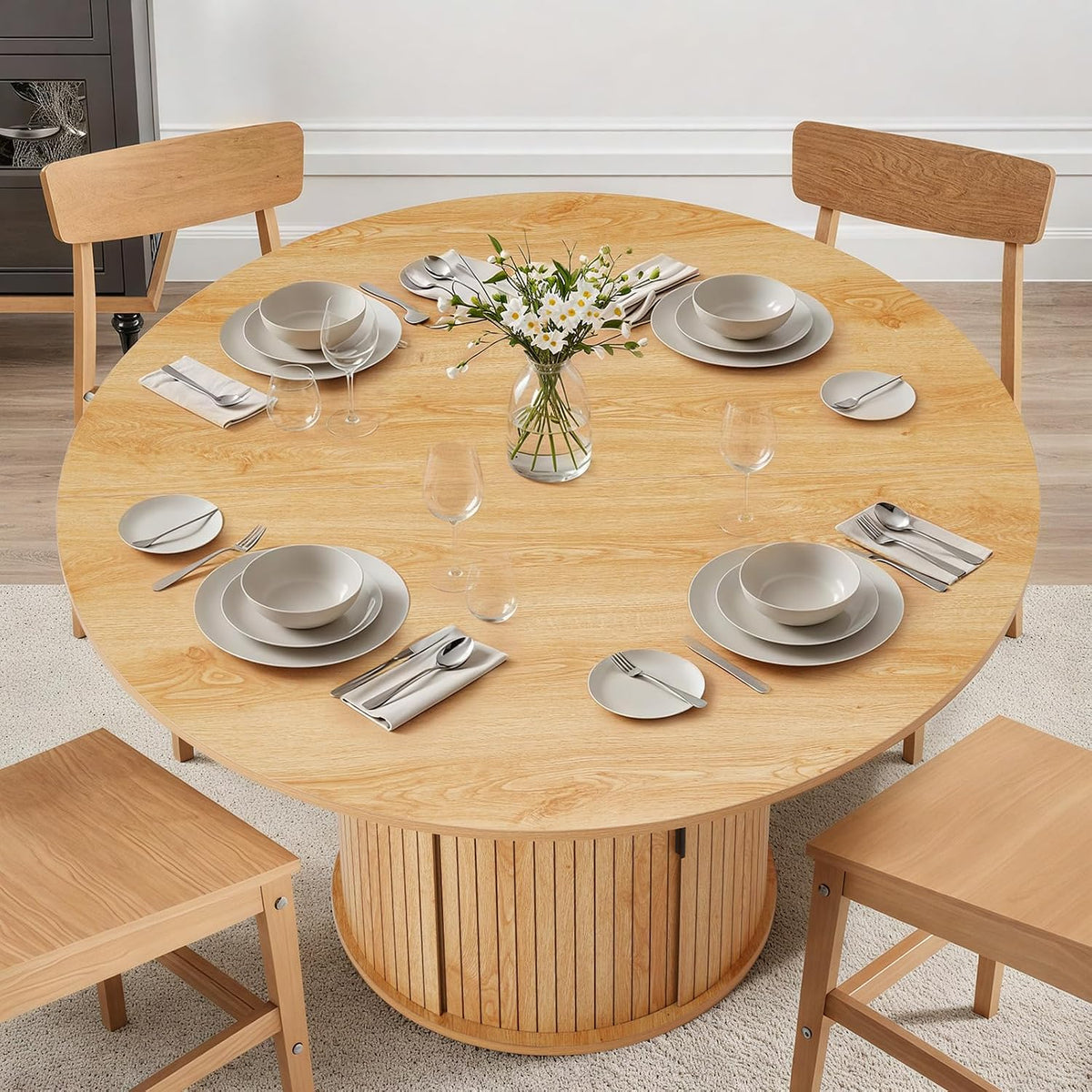 AVAWING 47-inch Round Dining Table for 4-6, Circle Fluted Kitchen Table with 2-Layer Storage Shelf and Wood Slide Door, Mid-Century Modern Fluted Design Wooden Dining Desk for Dining Room, Natural