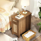 Narrow End Table with Charging Station - Midcentury Rattan Slim Side Table with USB Ports and Power Outlets, Nightstand with Flip Top and Storage Drawer, for Small Spaces Living Room Bedroom