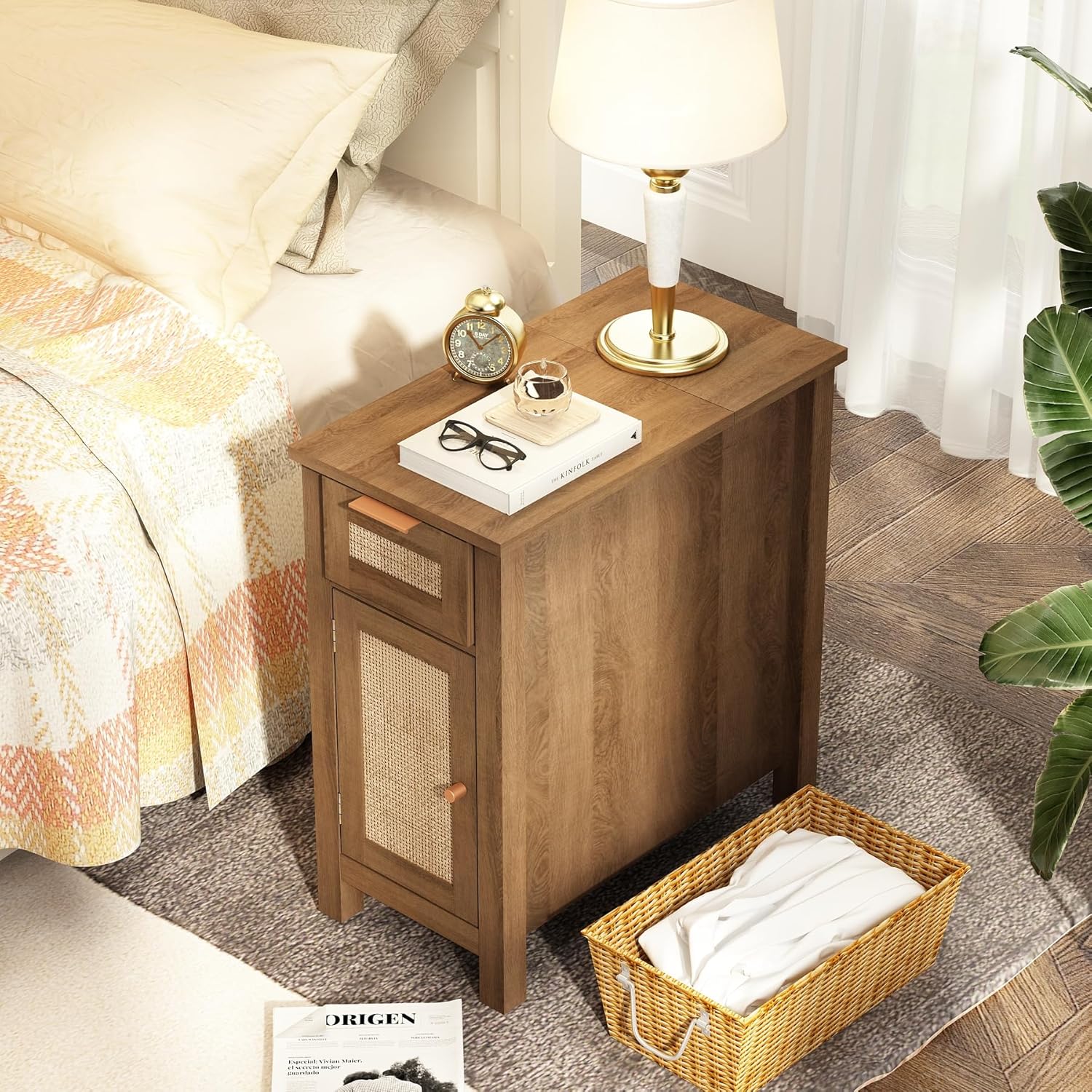 Narrow End Table with Charging Station - Midcentury Rattan Slim Side Table with USB Ports and Power Outlets, Nightstand with Flip Top and Storage Drawer, for Small Spaces Living Room Bedroom
