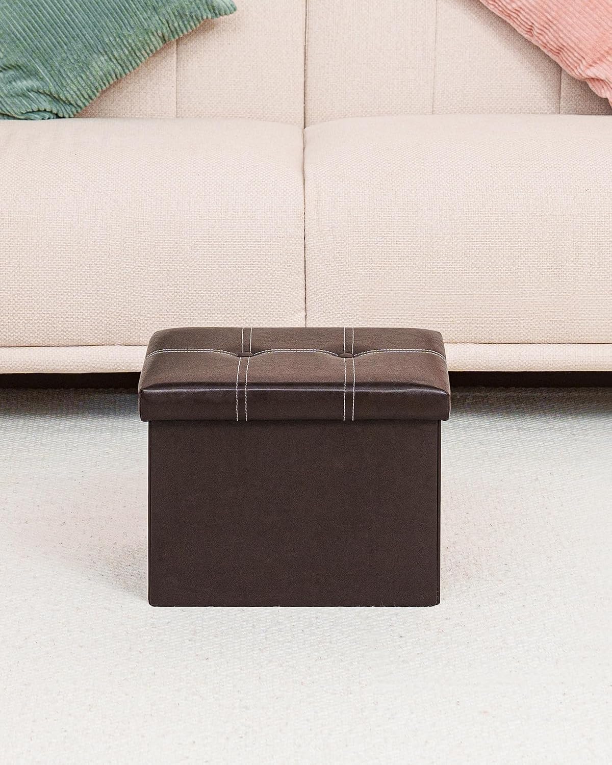 B FSOBEIIALEO Folding Storage Ottoman, 16.5" Faux Leather Ottomans, Brown | Small Ottoman Foot Rest with Padded Seat, Rectangle Coffee Table Chest Bench, for Dorm Living Room
