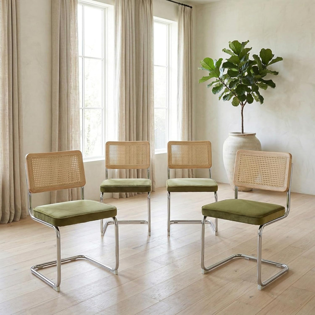 Rattan Dining Chairs Set of 4, Mid-Century Modern Dining Room Chairs with Cane Back, Velvet Upholstered Seat & Chrome Cantilever Frame, Sillas de Comedor, Kitchen & Dining Room Chairs (Green)