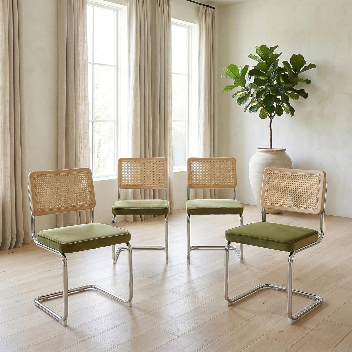 Rattan Dining Chairs Set of 4, Mid-Century Modern Dining Room Chairs with Cane Back, Velvet Upholstered Seat & Chrome Cantilever Frame, Sillas de Comedor, Kitchen & Dining Room Chairs (Green)